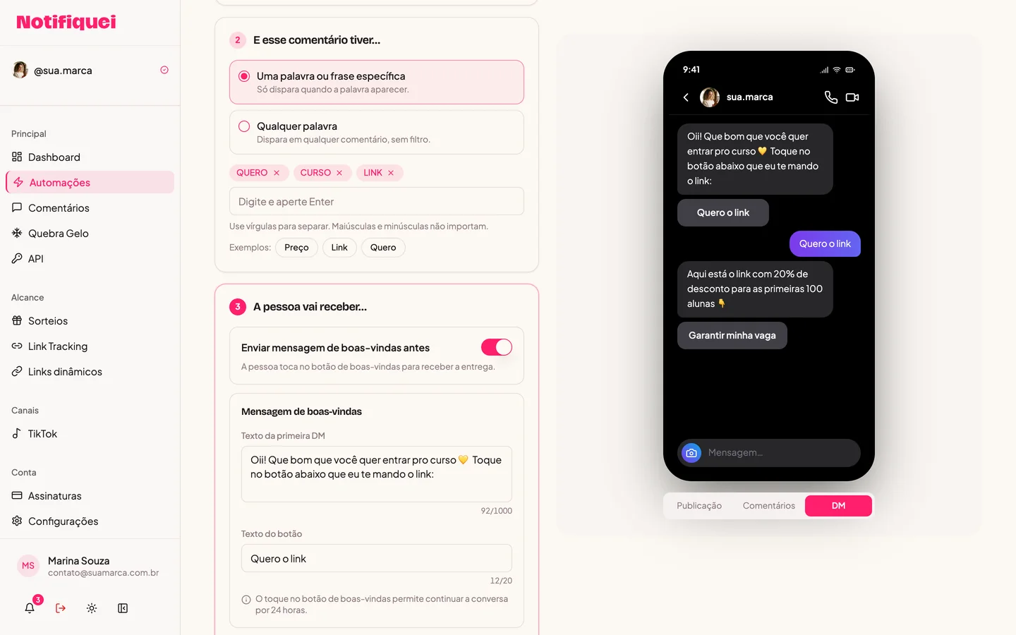 Create automation screen of the Notifiquei dashboard