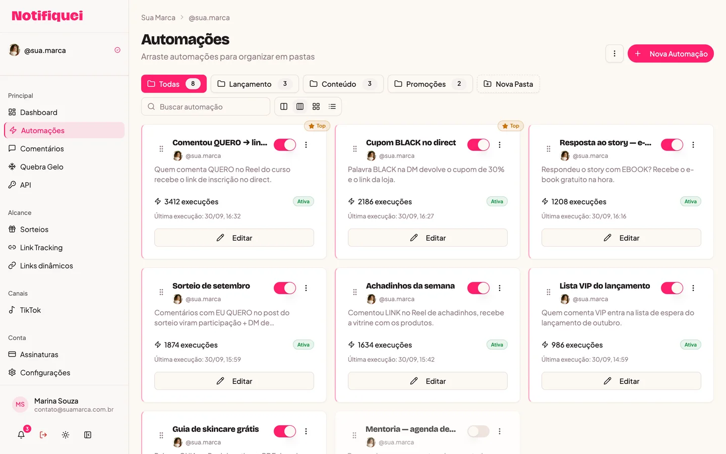 Automations screen of the Notifiquei dashboard
