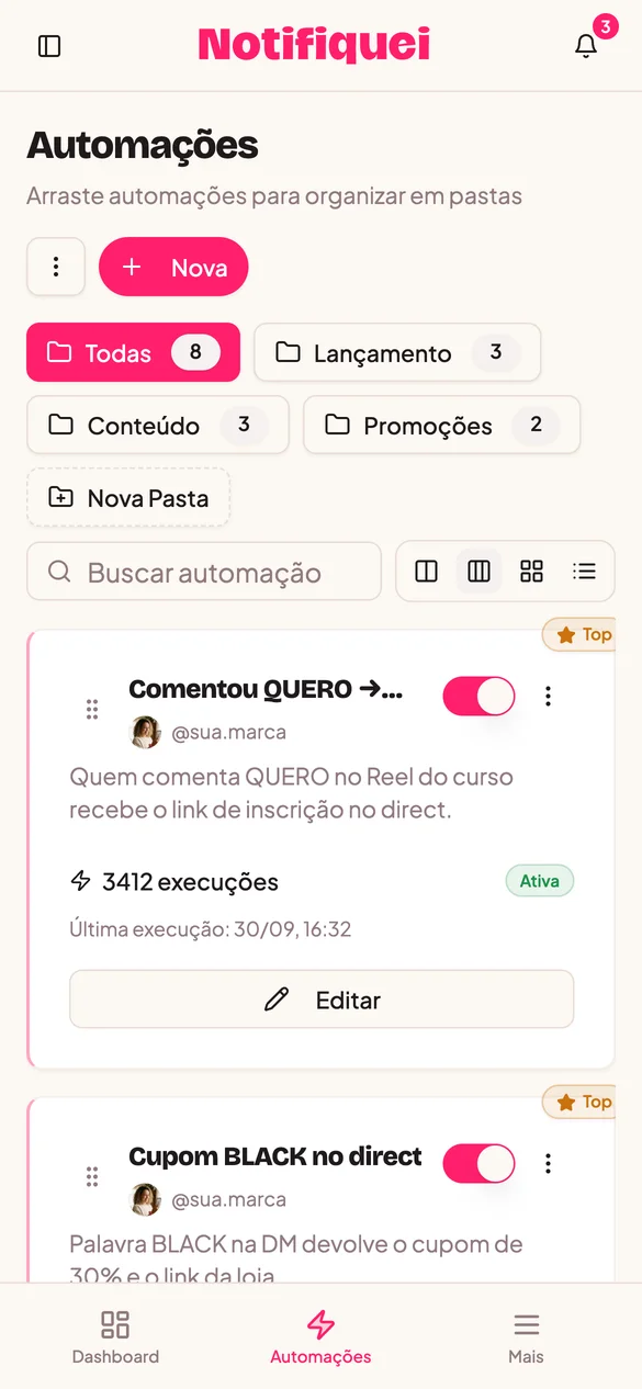 Tela de automações no app do Notifiquei