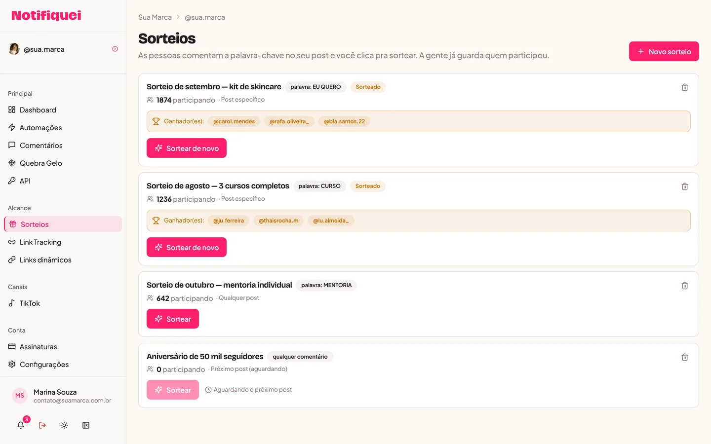 Giveaways screen of the Notifiquei dashboard